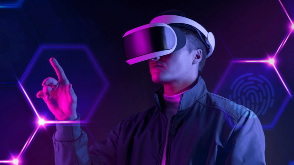 A person in a futuristic setting wearing a virtual reality helmet