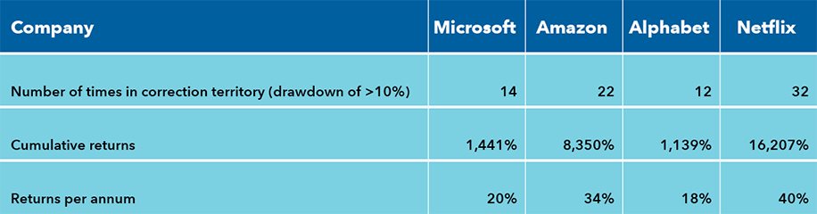 Chart showing drawdowns and returns for Microsoft, Amazon, Alphabet and Netflix