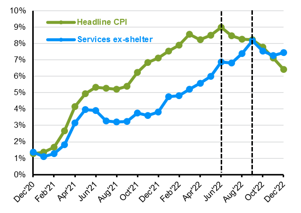 Year-over-year percentage change in headline CPI and services ex-shelter, seasonally adjusted