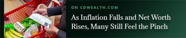 Promo for an article titled As Inflation Falls and Net Worth Rises, Many Still Feel the Pinch.
